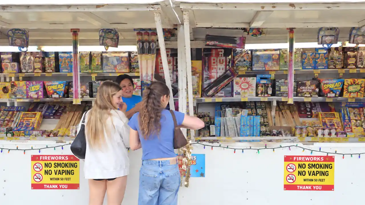 Two girls choosing fireworks at an Alamo Fireworks stand